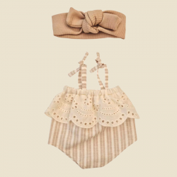 Barboteuse à rayures couleur sable et bandeau assorti